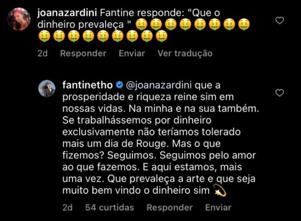 Fantine responde comentário de seguidor 