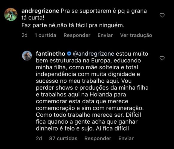 Fantine responde comentário de seguidor