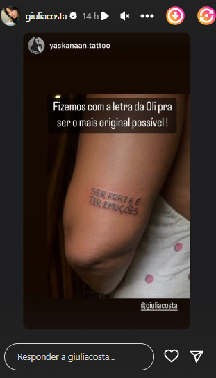 Giulia Costa faz tatuagem com a letra da irmã, Olívia