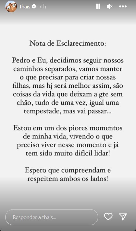 Thais fala sobre o fim do casamento com Pedro Leonardo