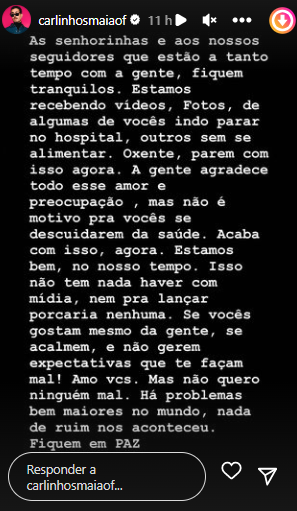 Carlinhos Maia comenta sobre fãs passando mal após fim de seu casamento