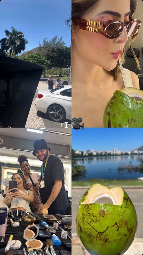 A influenciadora apareceu em um dia ensolarado no Rio de Janeiro, bebendo água de coco e se maquiando entre as cenas de sua personagem Chiara. 