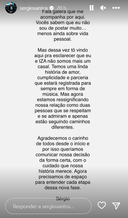 Sérgio Santos fala sobre o fim do casamento com Iza