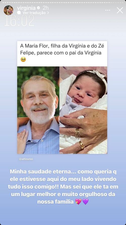 A influenciadora Virginia Fonseca emocionou os seguidores ao lembrar de seu falecido pai e notar semelhança com a segunda filha Maria Flor 