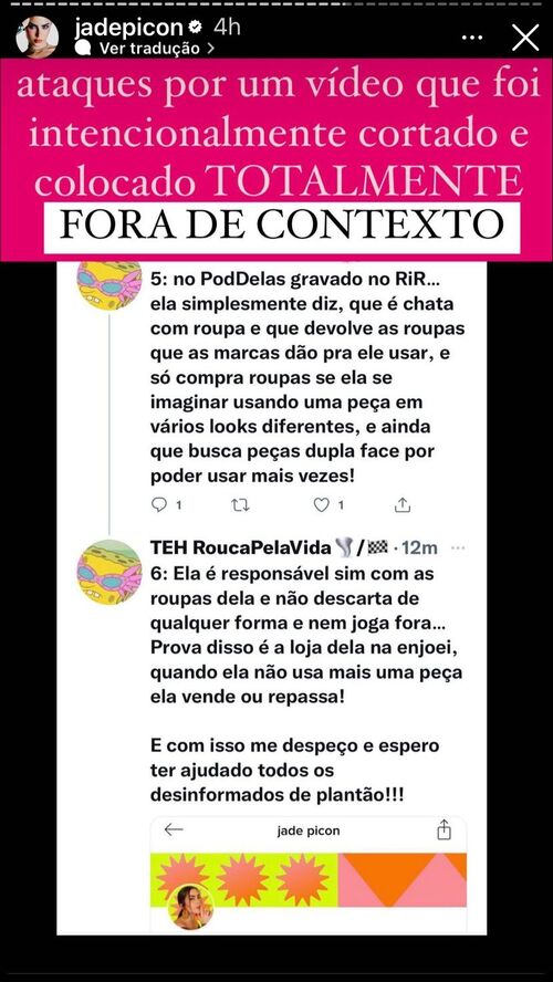 “Ataques por um vídeo que foi intencionalmente cortado e colocado TOTALMENTE fora de contexto”, escreveu a atriz da novela Travessia. 