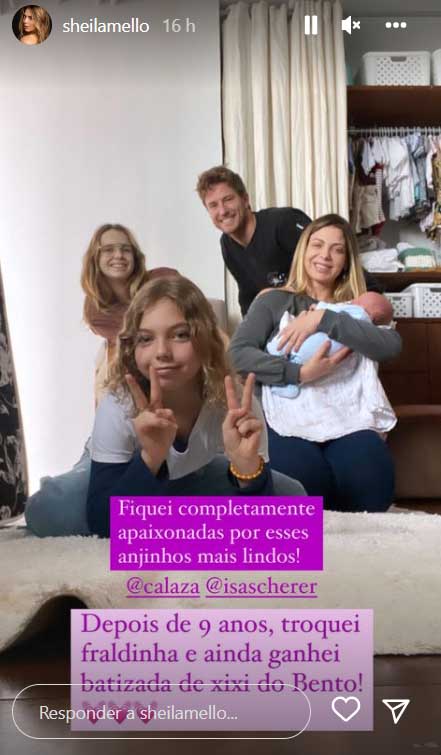 Sheila Mello mostra sua visita aos gêmeos Mel e Bento, filhos de Isabella Scherer