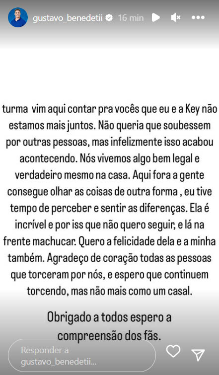 Gustavo fala sobre a separação de Key Alves