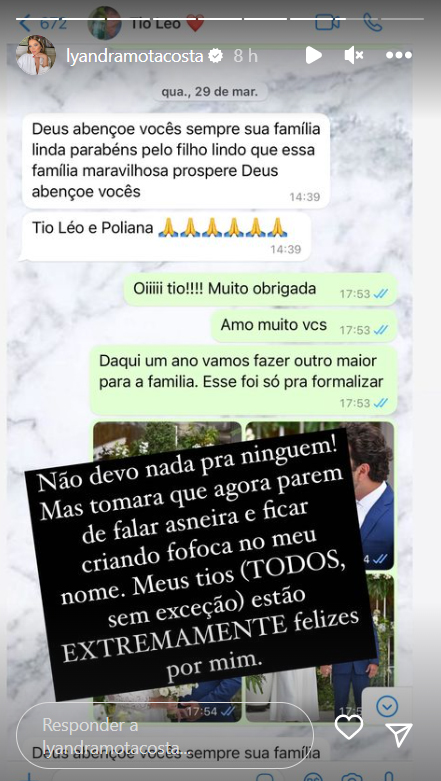 Lyandra Costa exibe print de conversa com o tio Leonardo