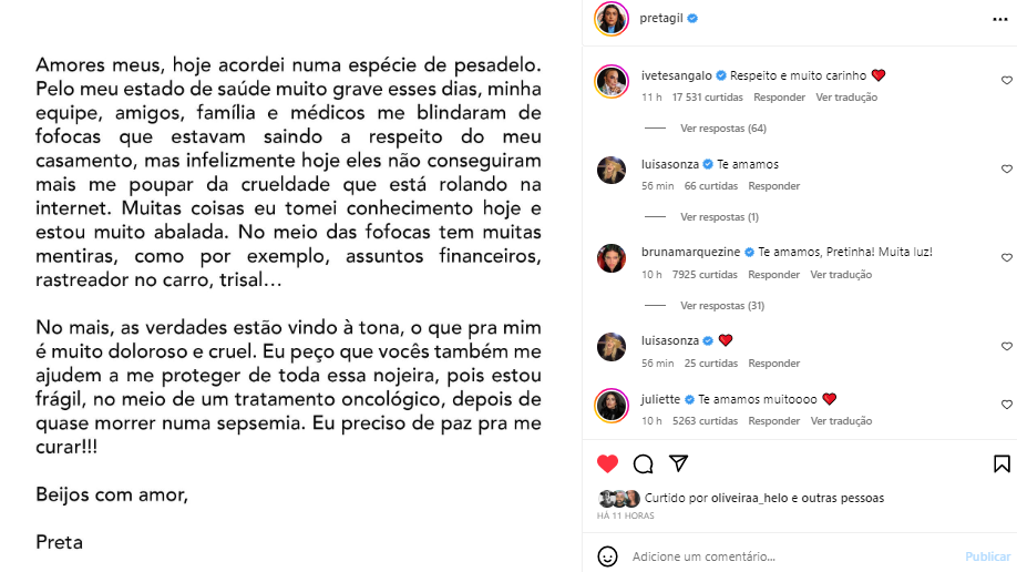 Preta Gil recebe apoio de famosos após desabafo