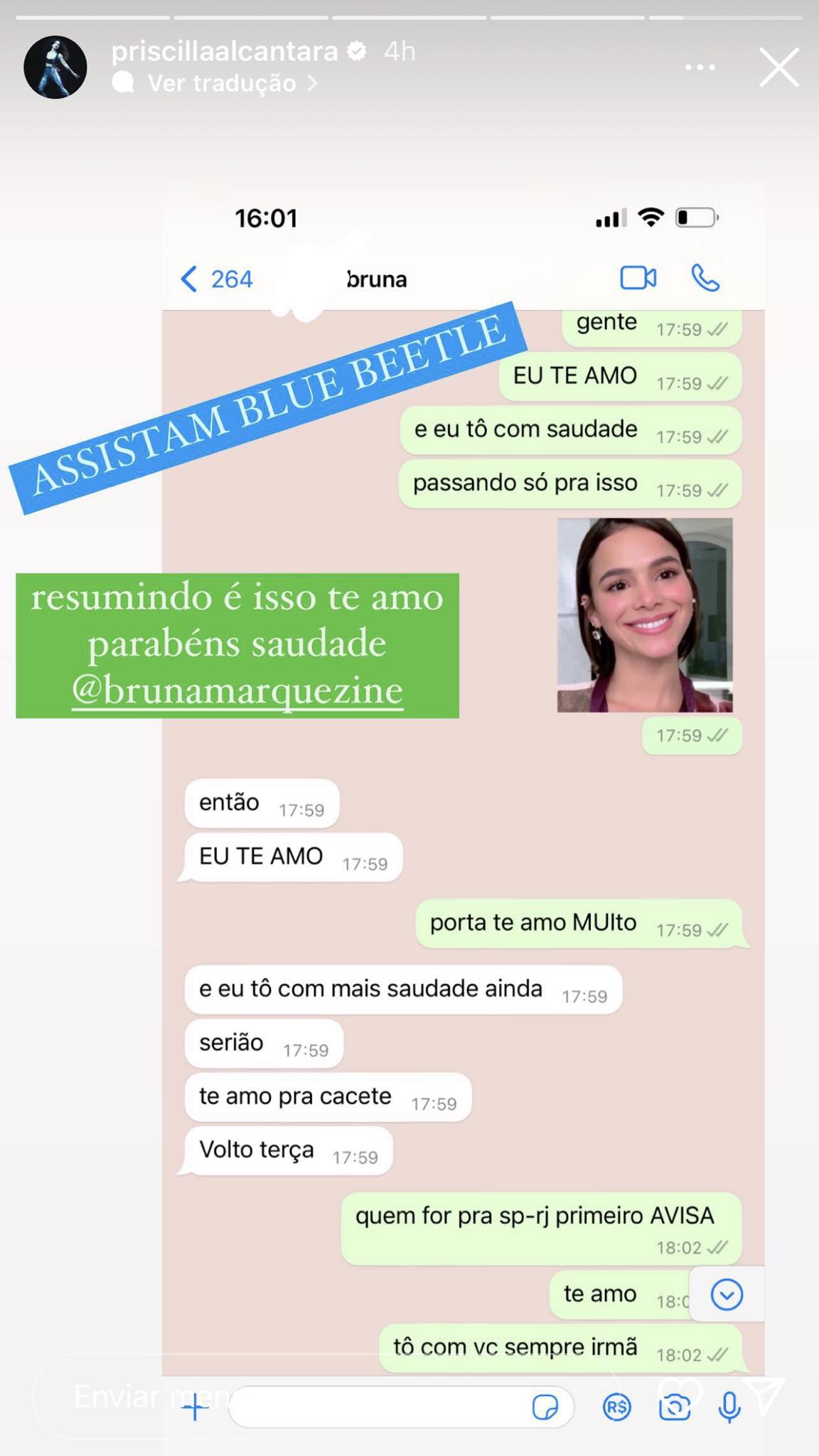 Priscilla Alcântara mostra prints de conversas com Bruna Marquezine em data especial