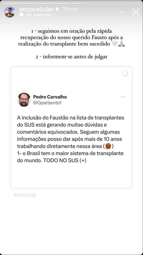 O influenciador Enzo comentou sobre julgamentos porque o curto período de tempo que Fausto esperou pelo coração novo gerou dúvidas e julgamentos de muitas pessoas nas redes sociais