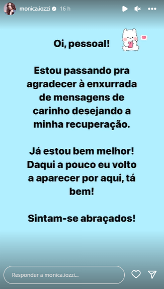 Monica Iozzi tranquiliza fãs sobre estado de saúde