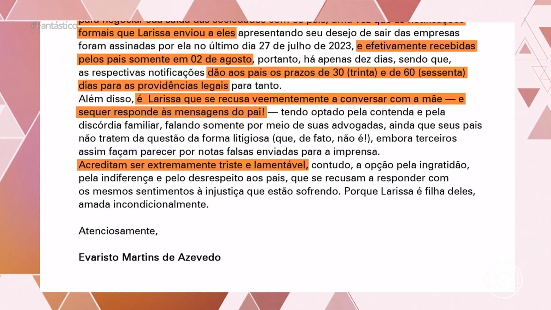 Nota oficial dos pais da Larissa Manoela que foi lida no Fantástico, da Globo - Foto: Reprodução / Globo