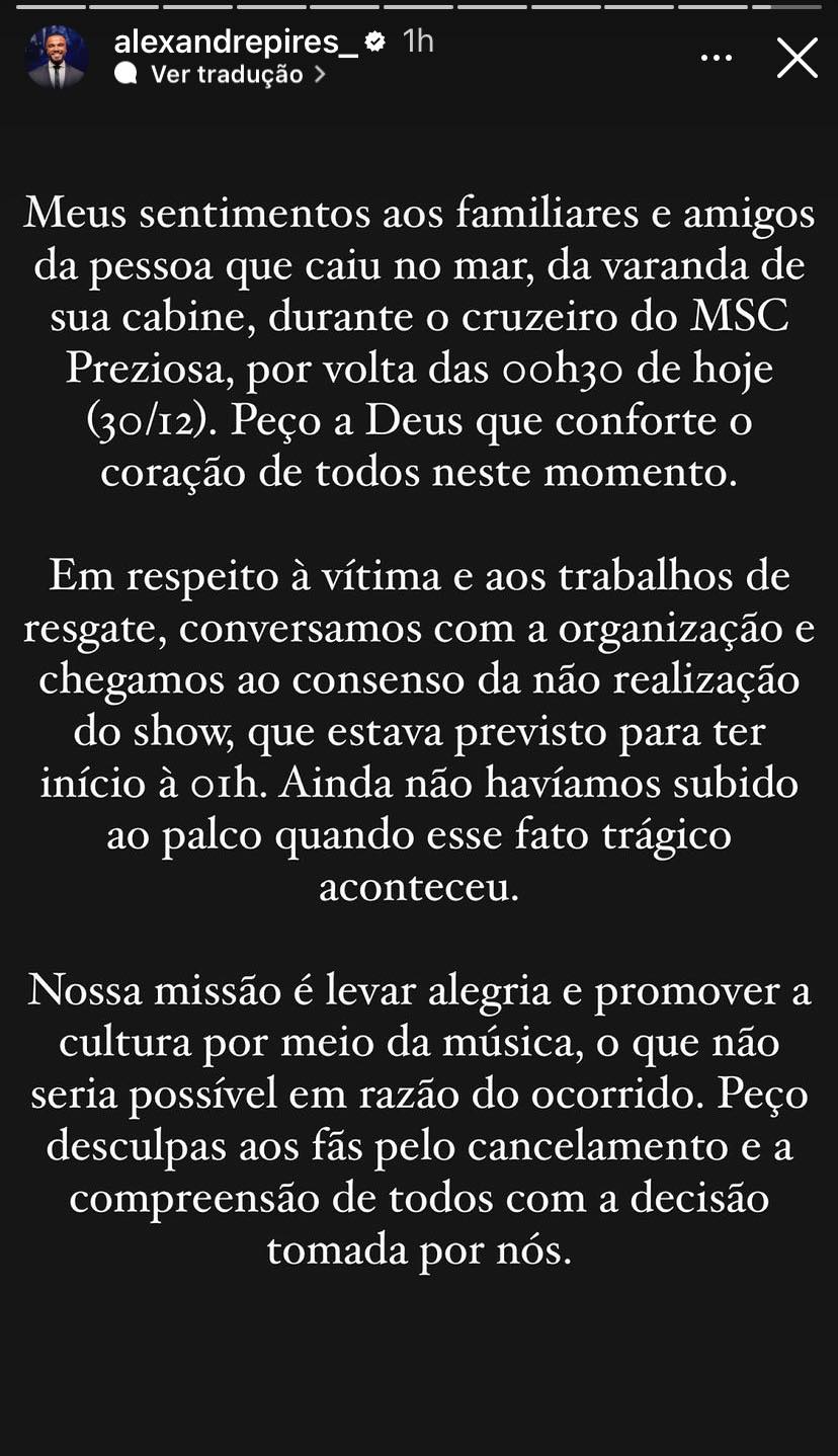 Alexandre Pires cancela show após tragédia em cruzeiro