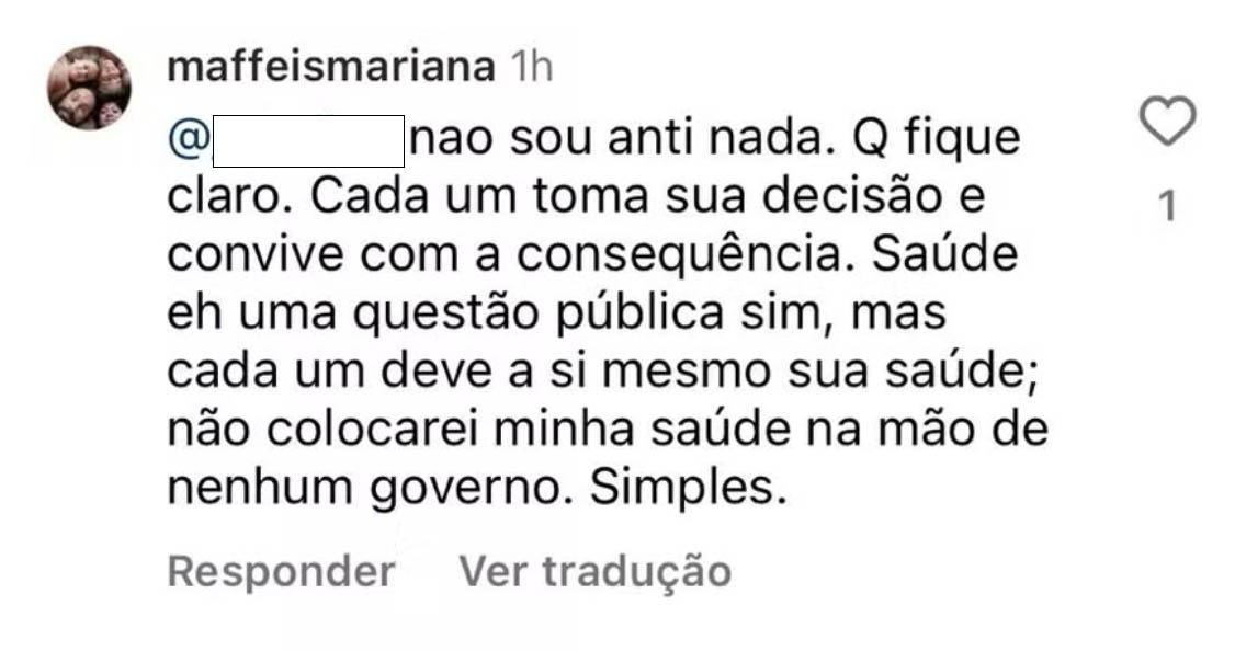 Post de Mariana Maffeis, filha de Ana Maria Braga