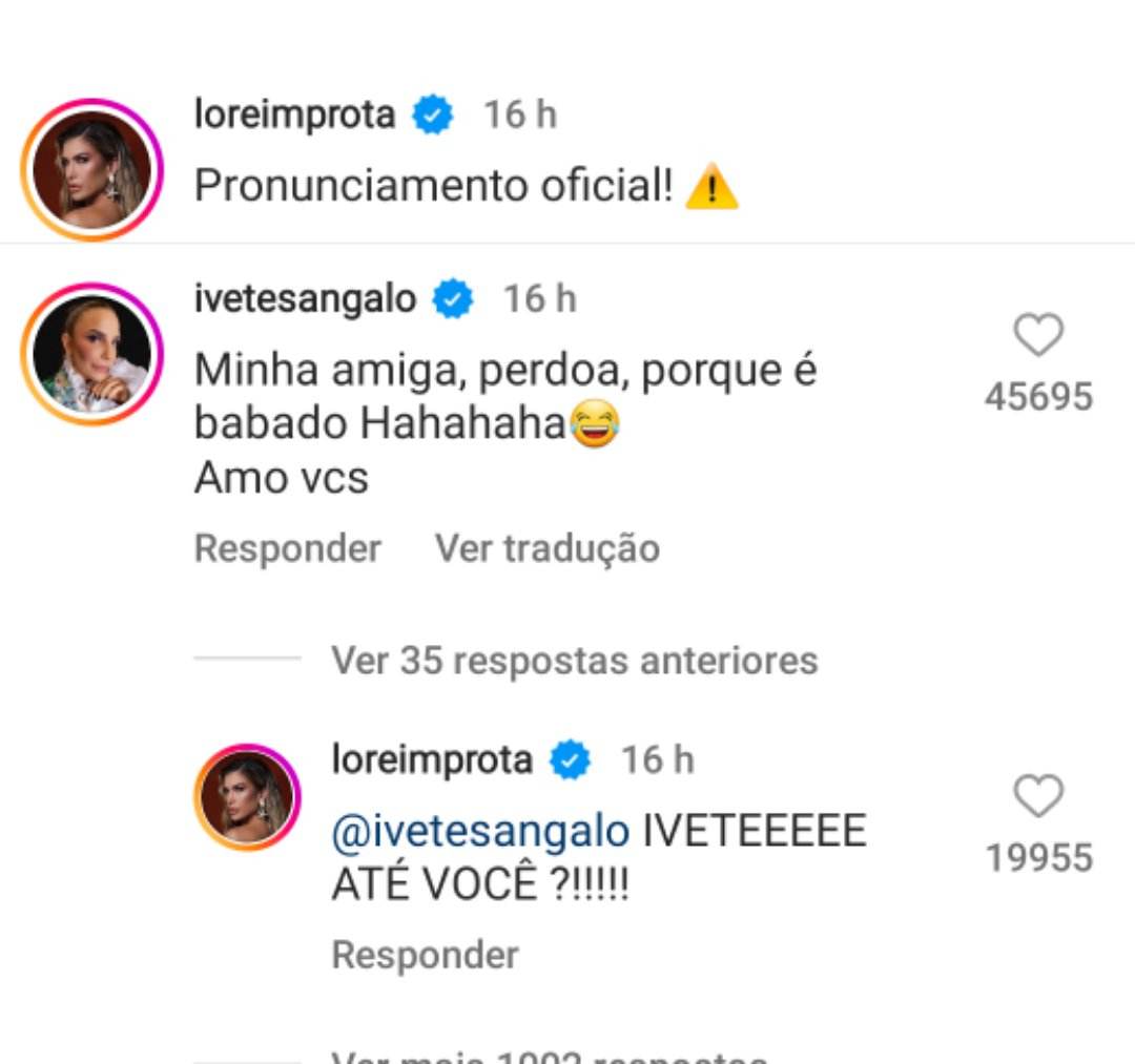 Ivete Sangalo comenta pronunciamento de Lore Improta