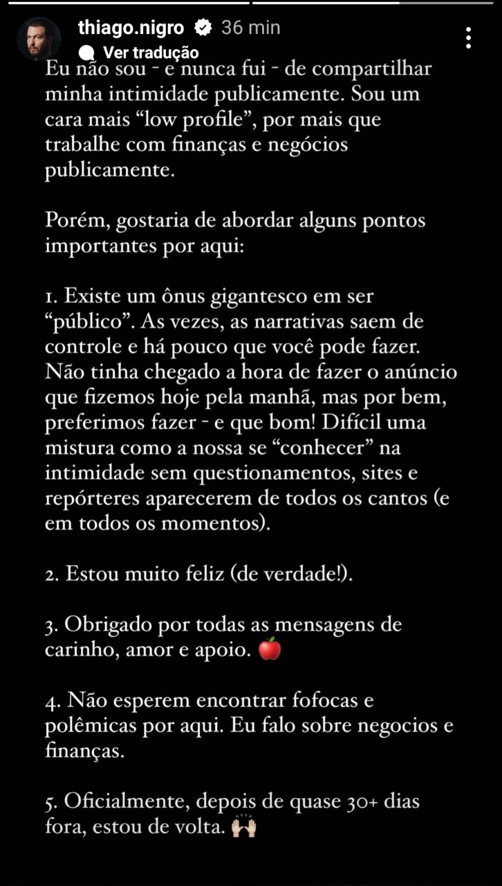 Thiago Nigro pronunciamento sobre namoro com Maíra Cardi