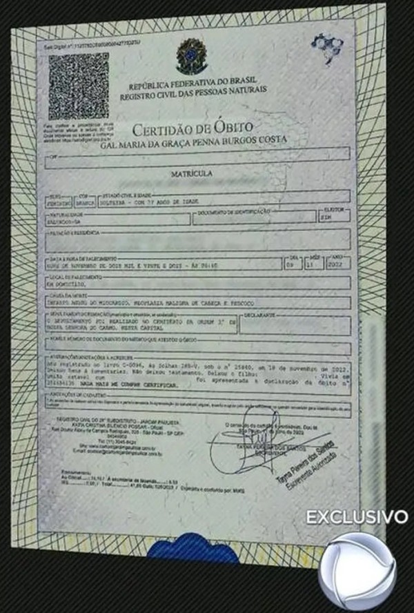 Certidão de óbito de Gal Costa