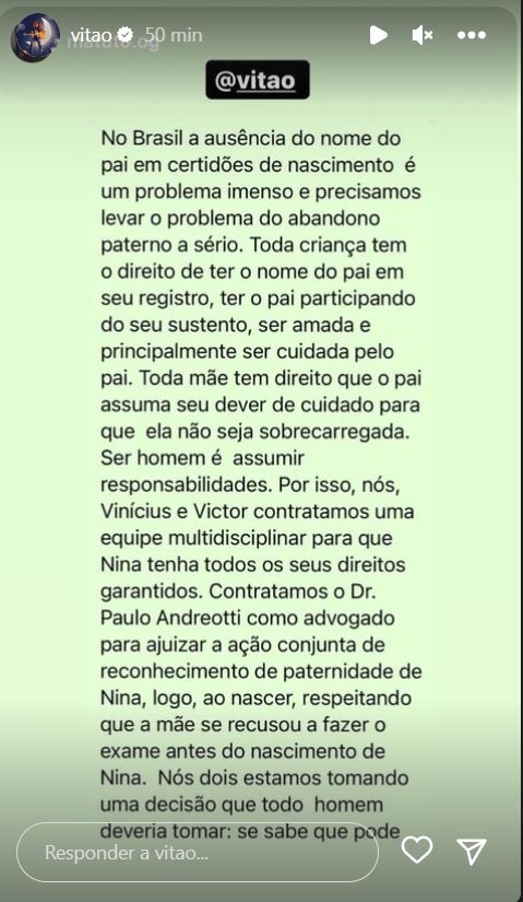 Vitão e Matuto escrevem declaração juntos sobre a gravidez de Suelen Gervasio