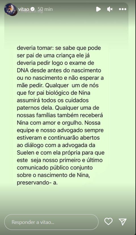 Vitão e Matuto escrevem declaração juntos sobre a gravidez de Suelen Gervasio