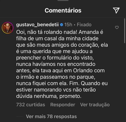 , Gustavo usou seu perfil nas redes para se manifestar sobre as notícias do suposto affair. O ex-BBB negou qualquer romance com Amanda. 