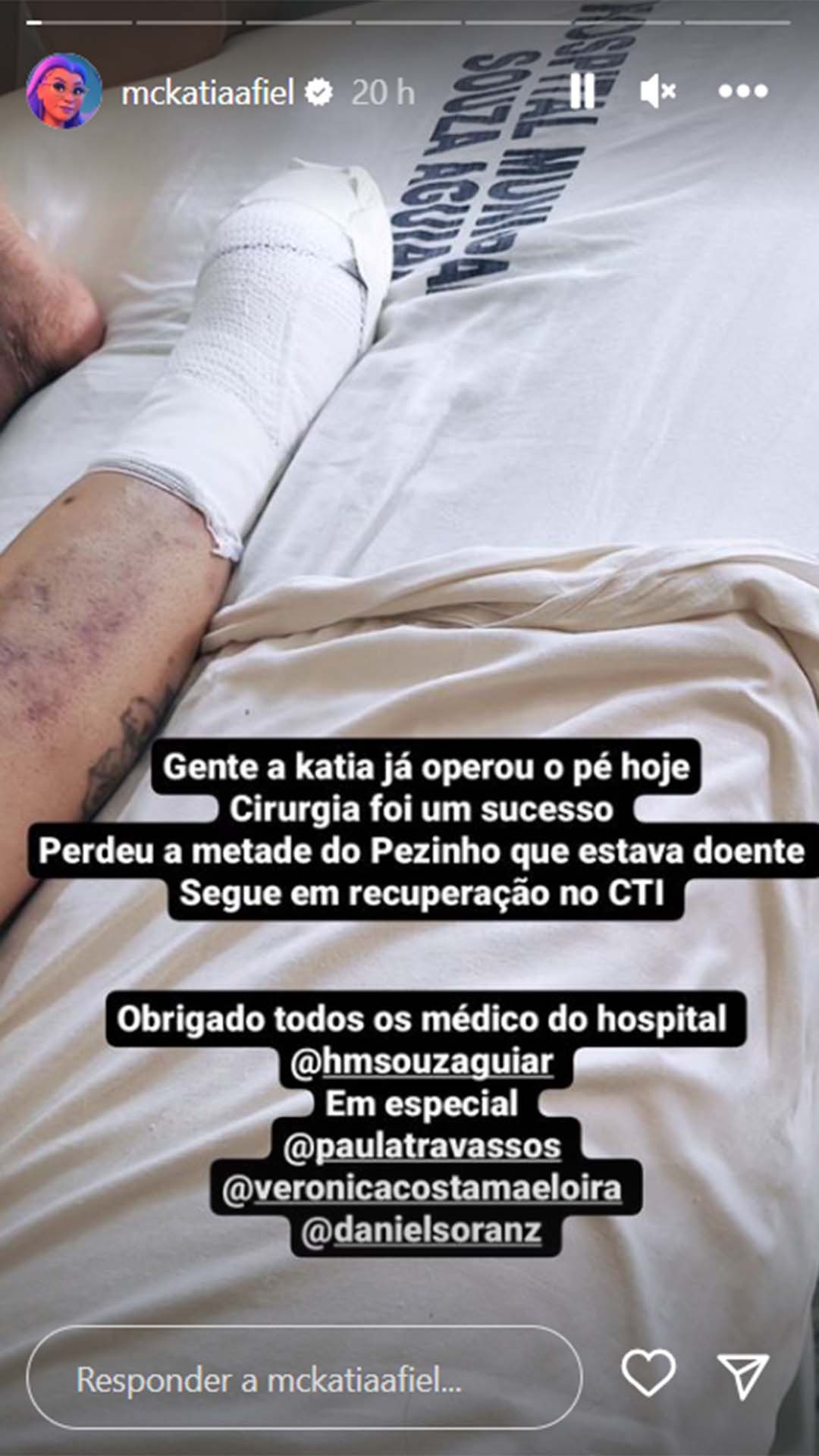 MC Katia passou por cirurgia para amputar uma parte do pé