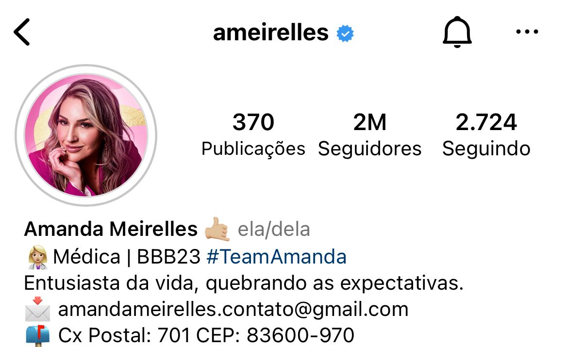 Amanda alcança 2 milhões de seguidores no Instagram