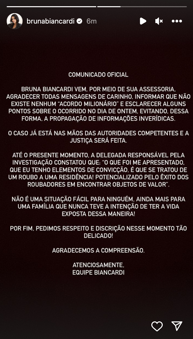 Comunicado da Bruna Biancardi