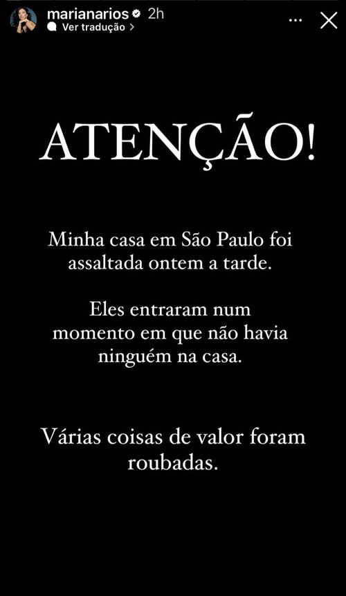 Mariana Rios foi às suas redes sociais relatar que sua casa em São Paulo foi assaltada.