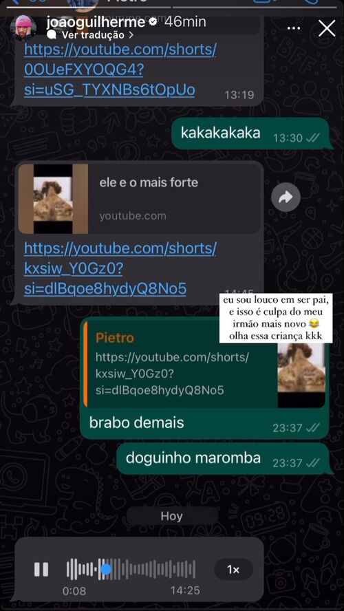 João Guilherme encantou seus seguidores ao compartilhar em seu Instagram uma conversa com seu irmão mais novo. 