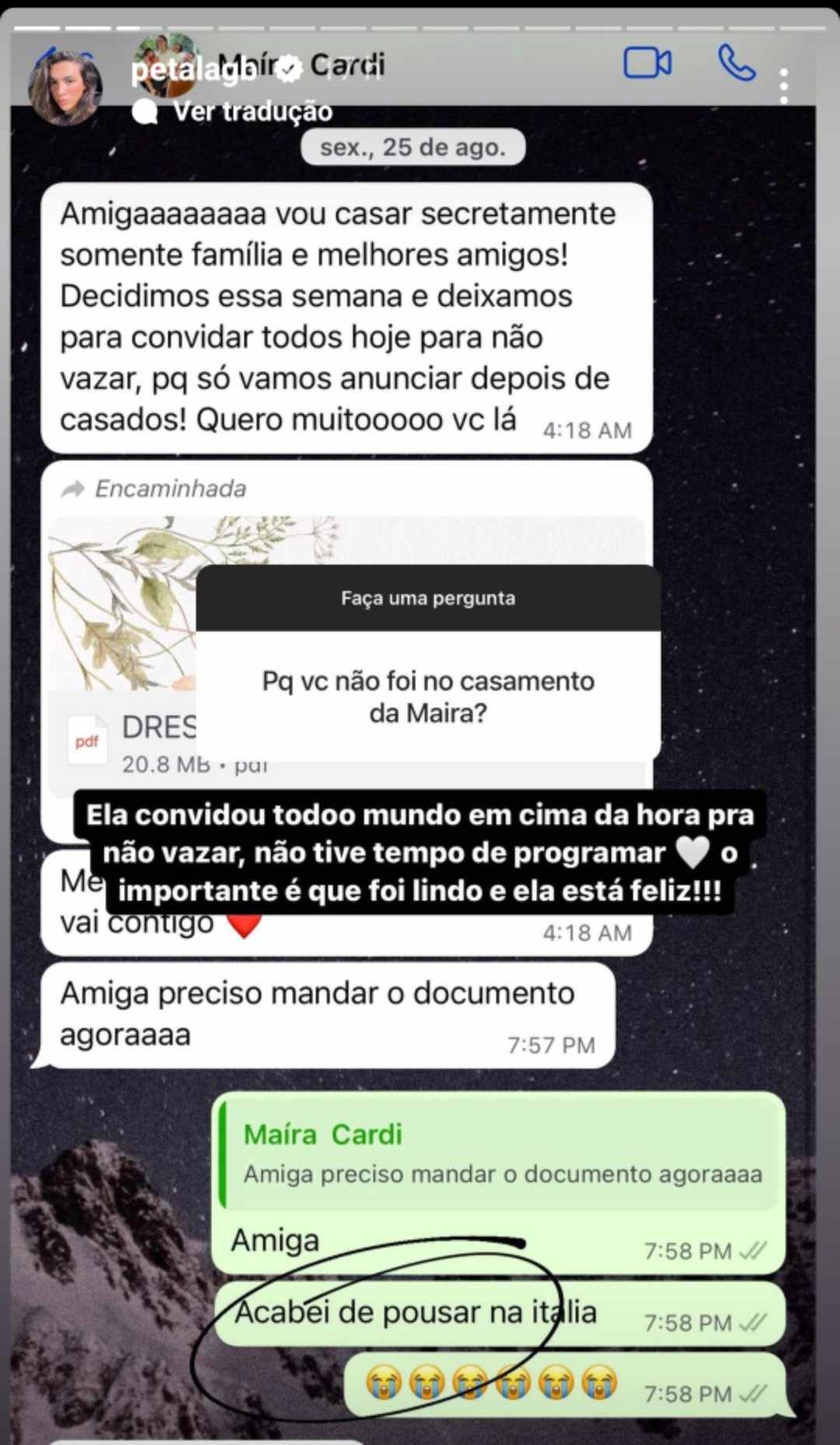 Pétala Barreiros explica motivo de não ter ido ao casamento de Maíra Cardi