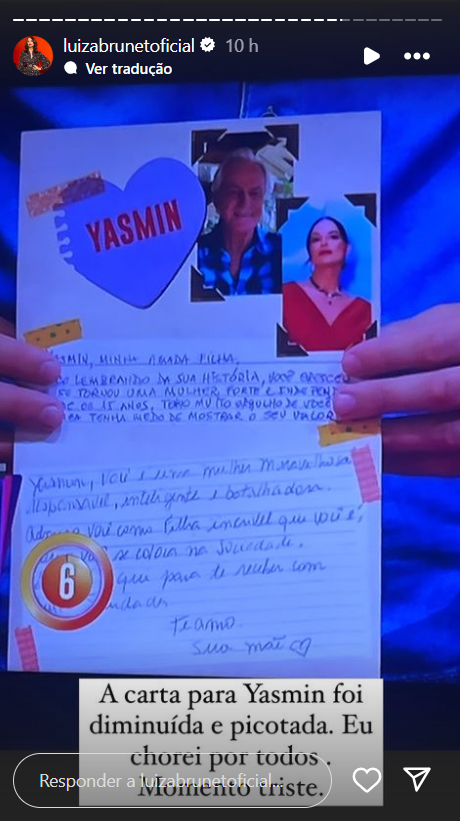 Carta de Yasmin Brunet no BBB 24. Foto: Reprodução / Instagram