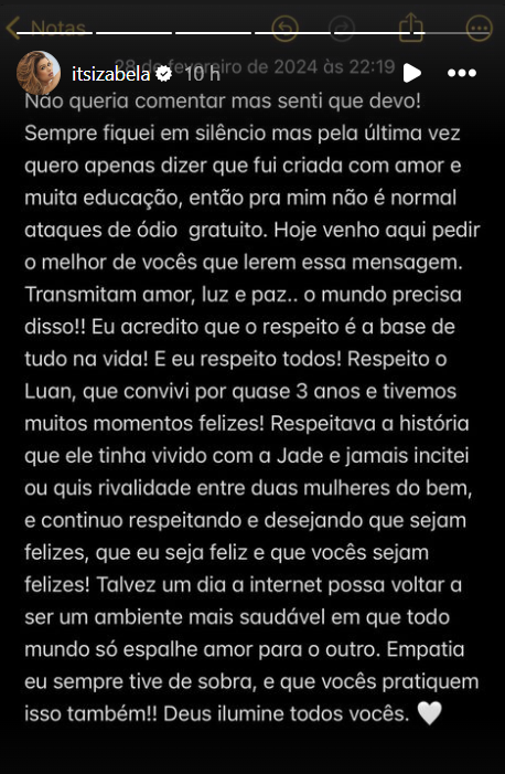 Ex-noiva de Luan Santana se pronuncia. Foto: Reprodução / Instagram