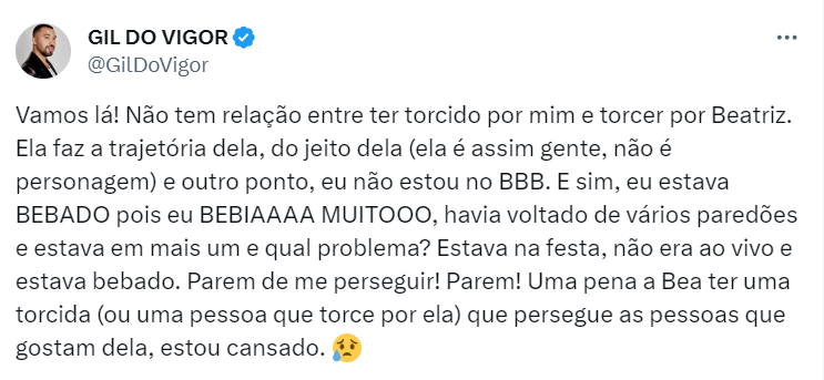 Gil do Vigor rebate comparação com Beatriz do BBB 24. Foto: Reprodução / X