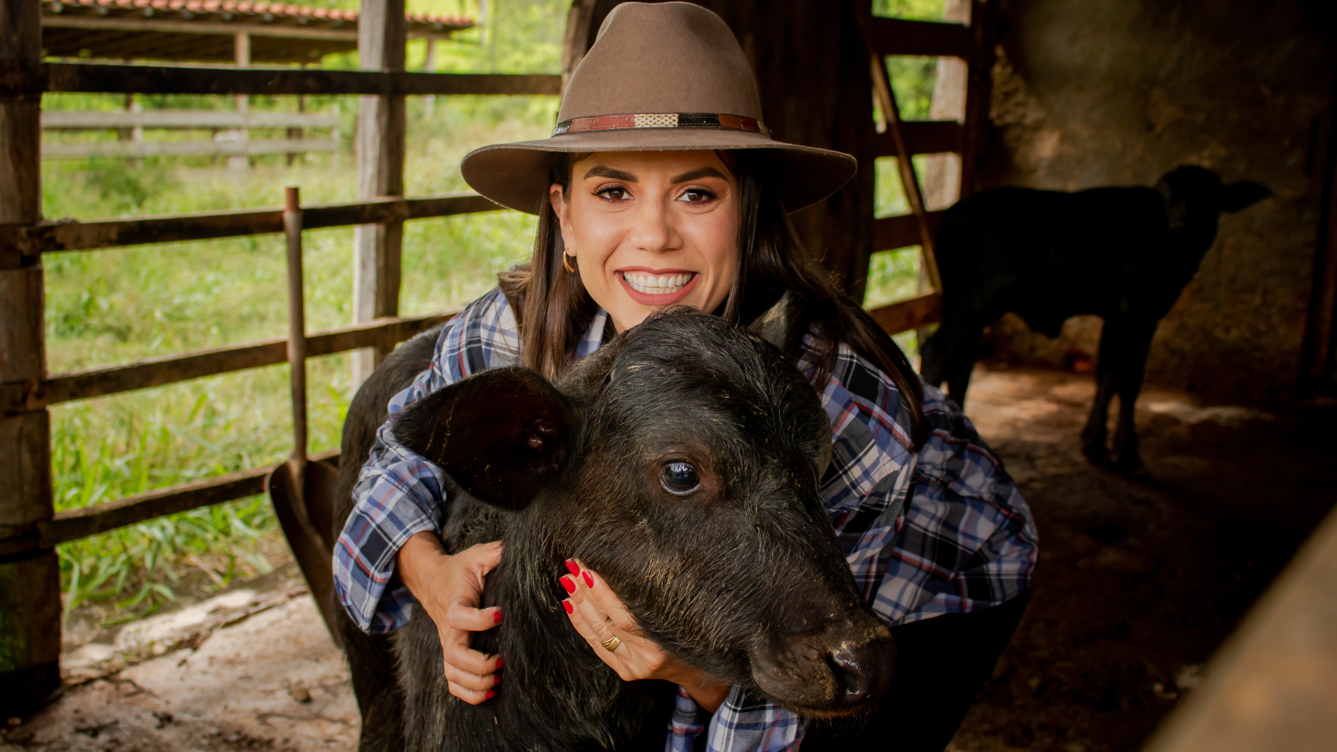 Lorena com bezerro em fazenda