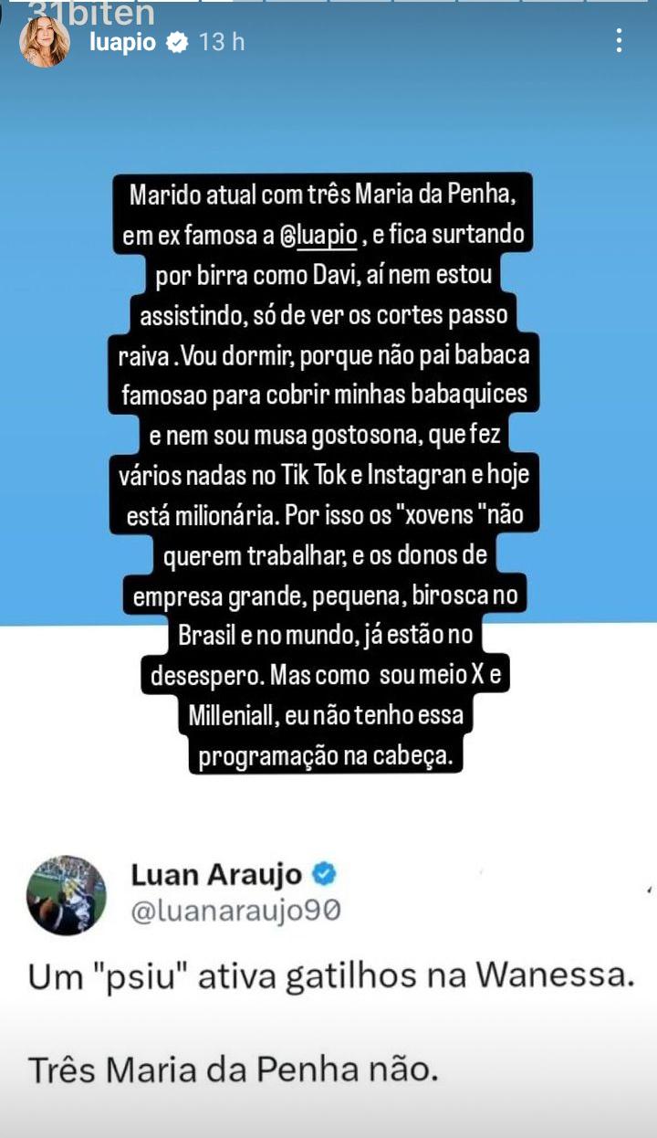 Luana Piovani volta a alfinetar Wanessa após 'psiu' de Davi