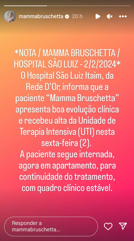 Equipe de Mamma Bruschetta atualiza quadro de saúde da apresentadora. Foto: Reprodução / Instagram