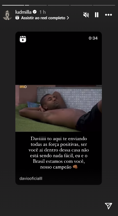 Ludmilla declara torcida para Davi no BBB 24. Foto: Reprodução / Instagram