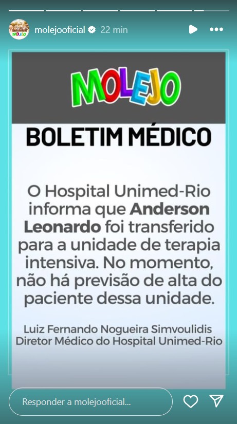 Anderson Leonardo é transferido para UTI - Foto: Reprodução / Instagram