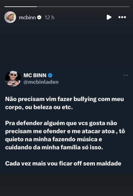 MC Binn faz desabafo - Foto: Reprodução / Instagram