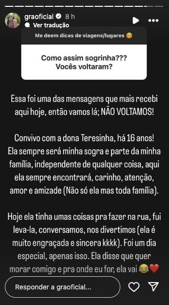 Gracyanne fala sobre mãe de Belo - Foto: Reprodução / Instagram