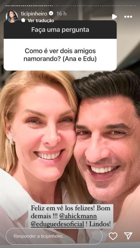 Ticiane Pinheiro elogia namoro de Ana Hickmann e Edu Guedes - Foto: Reprodução / Instagram