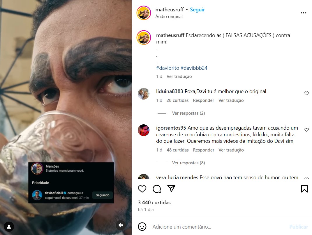 Matheus Rufino se defende após imitar Davi Brito - Foto: Reprodução / Instagram