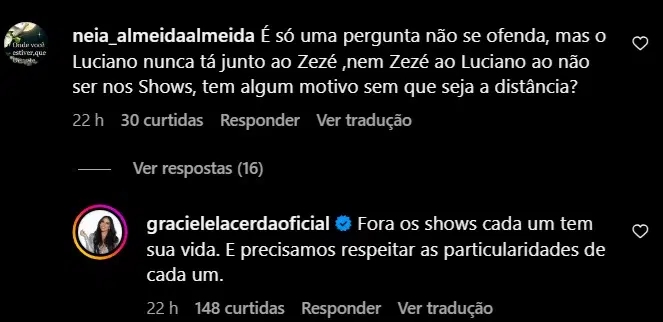 Graciele se pronuncia sobre suposta briga entre Zezé di Camargo e Luciano