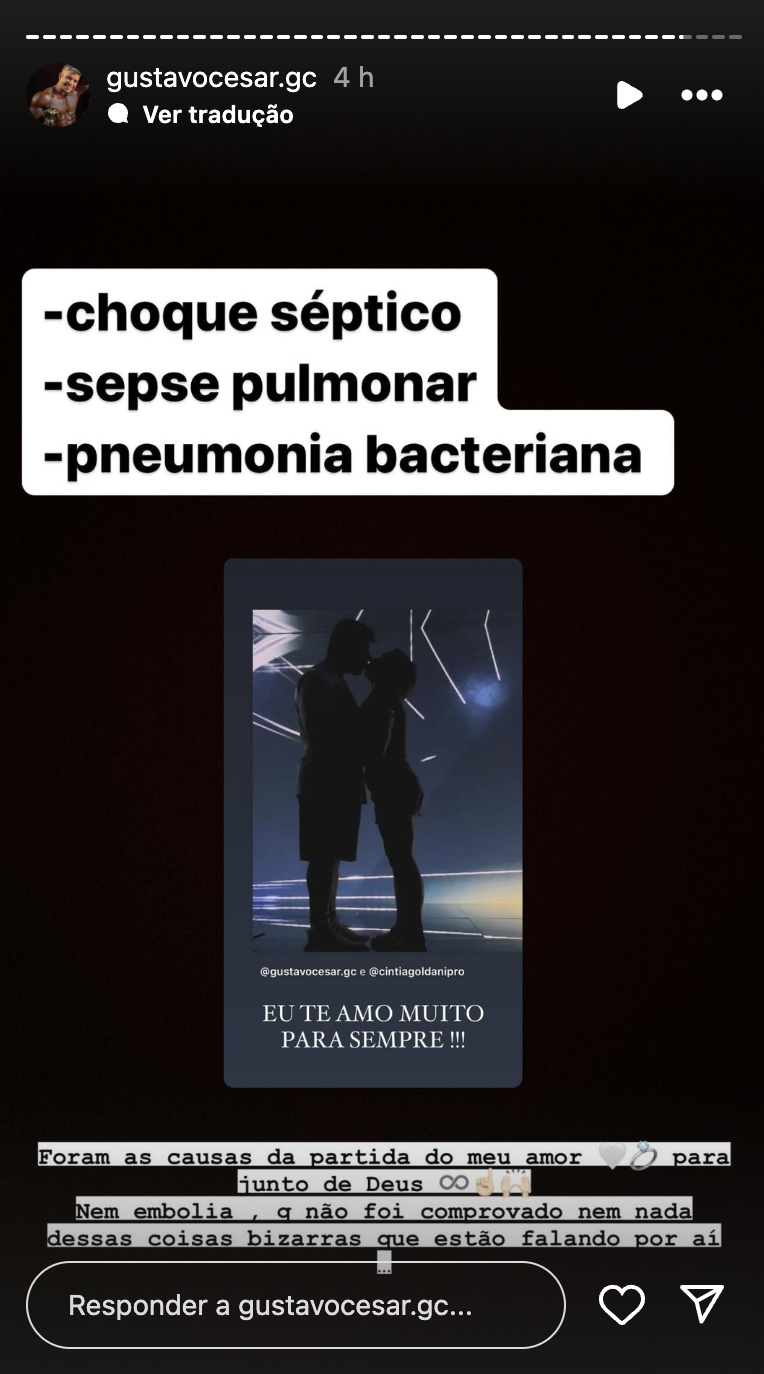 Post de Gustavo sobre a morte de Cintia Goldani - Foto: Reprodução / Instagram