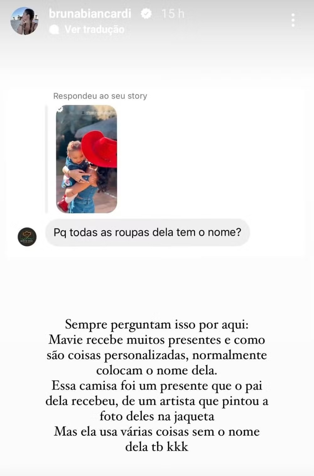 Bruna Biancardi sobre roupas de Mavie (Reprodução/Instagram) 