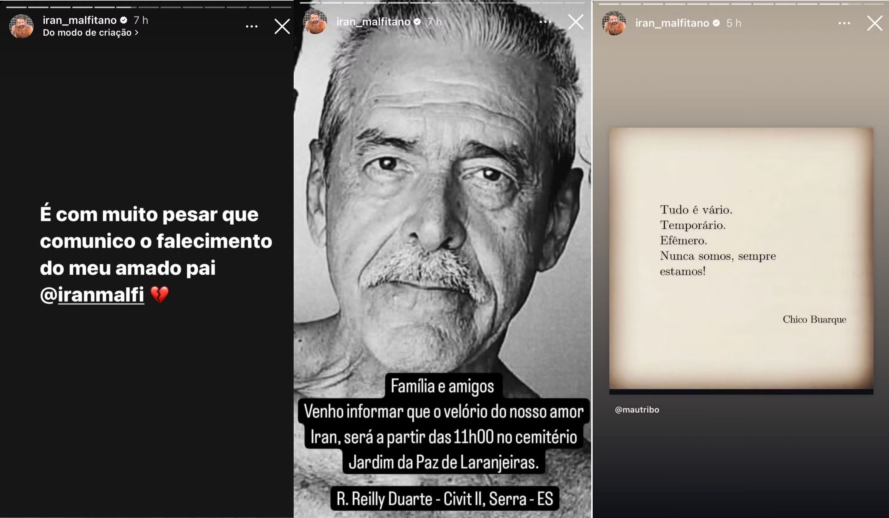 Iran Malfitano lamenta a morte do pai (Reprodução/Instagram) 