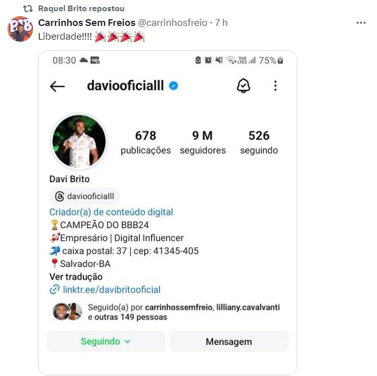 Raquel Brito reposta publicação - Reprodução / Instagram