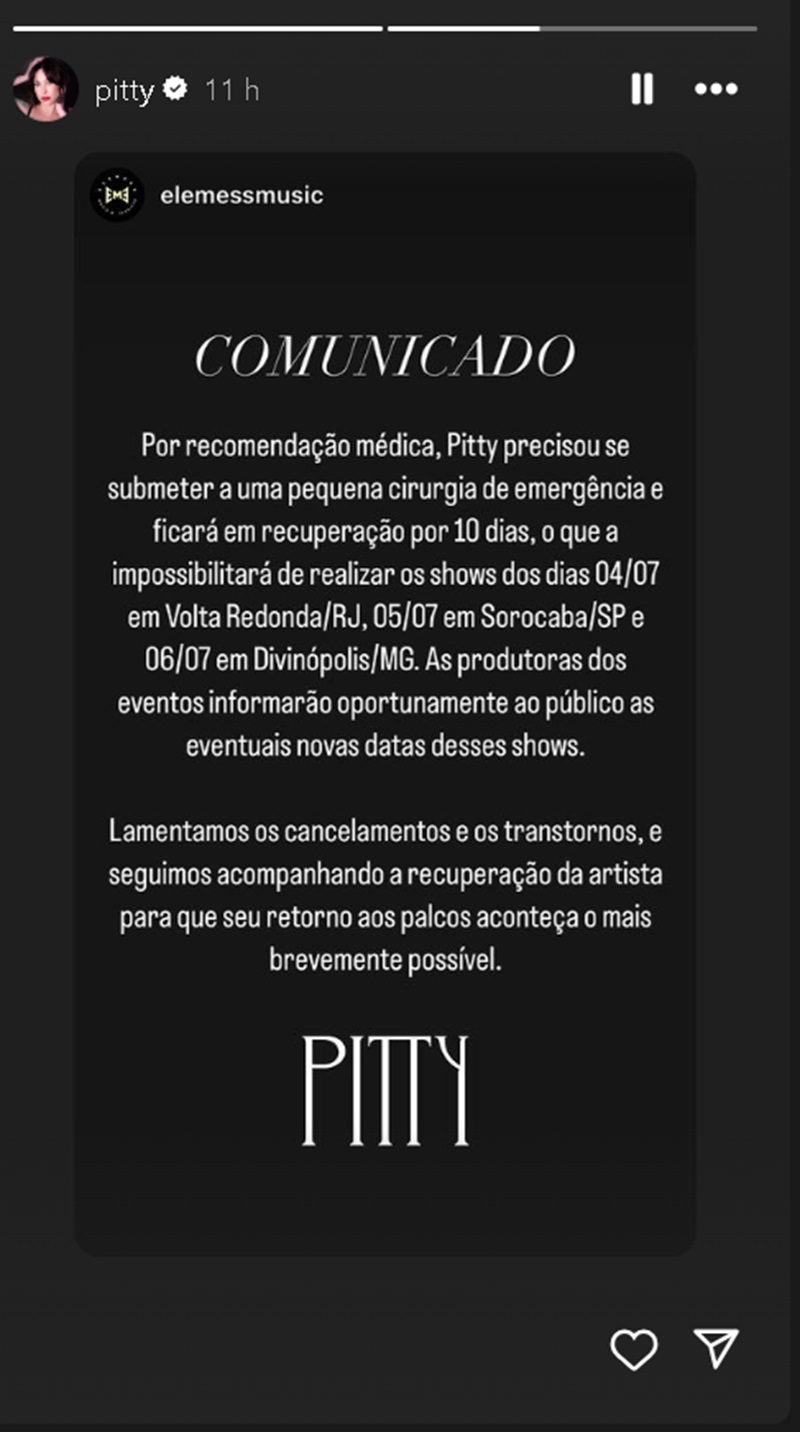 Pitty passa por cirurgia de emergência (Reprodução/Instagram) 