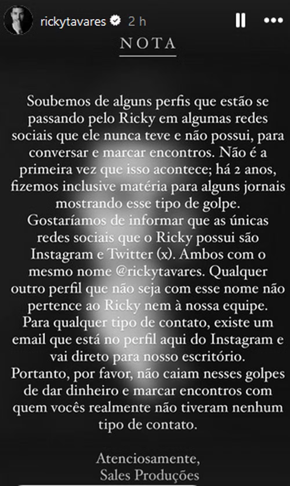 Ricky Tavares denuncia golpe (Reprodução/Instagram) 